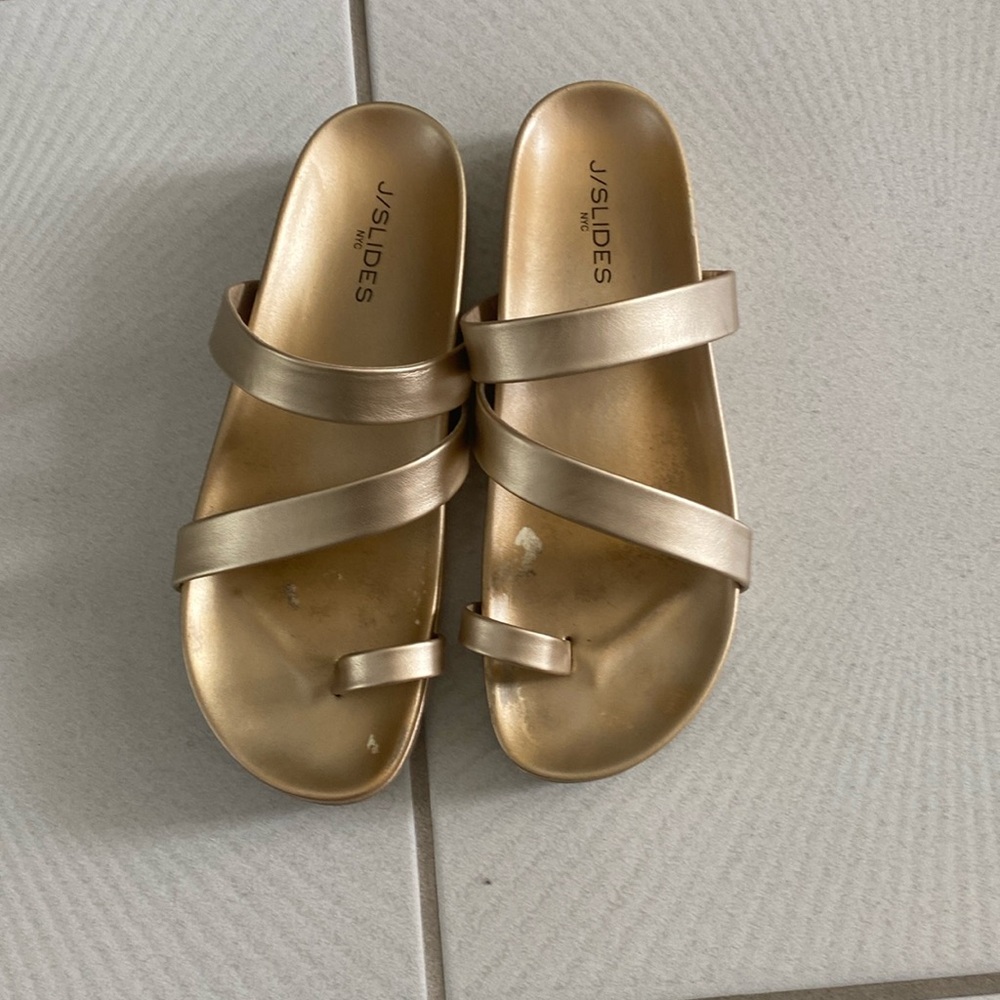 J Slides Metallic Gold Multi-Strap Slide Sandals